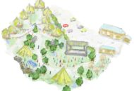 ノーラ名栗の施設全体を俯瞰したイラスト。芝生広場、アウトドアサウナ、グランピング、カフェ＆ショップの配置を示している