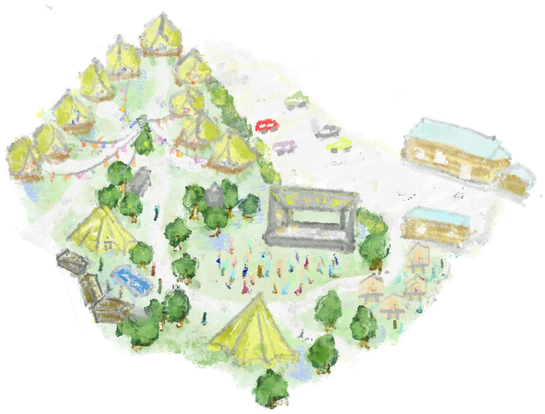 ノーラ名栗の施設全体を俯瞰したイラスト。芝生広場、アウトドアサウナ、グランピング、カフェ＆ショップの配置を示している
