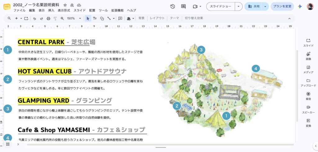 ノーラ名栗の施設全体を俯瞰したイラスト。芝生広場、アウトドアサウナ、グランピング、カフェ＆ショップの配置を示している