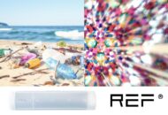 海岸に打ち上げられた廃プラスチックごみ、REFの万華鏡をのぞいた光景、REF本体とロゴを組み合わせたキービジュアル